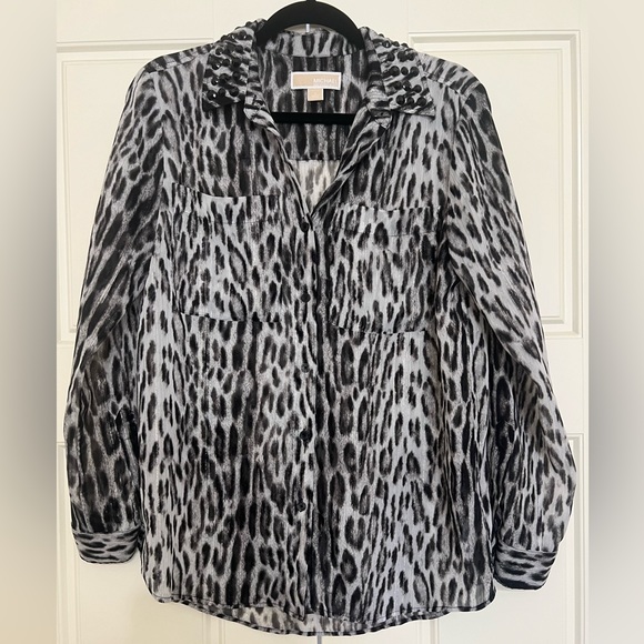 MICHAEL Michael Kors Tops - MICHAEL Michael Kors Black and Gray Sheer Leopard Print Button Down